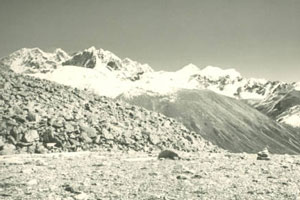 View of Mt. Pauhunri 7125m (3rd peak from left of image) from region near Mome Samdong.