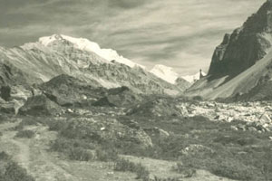 View of Drohmo Peak 6850m with Pyramid Peak 7123m in the centre
